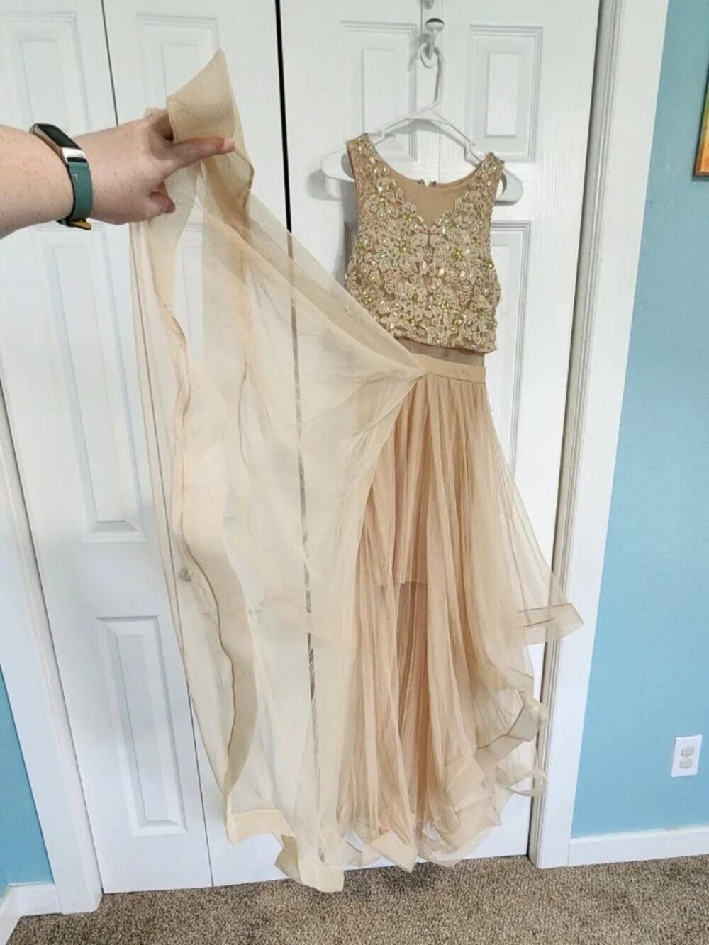 Say Yes to the Prom Dress Beaded High Low Dress Mesh Illusion Waist Size 1